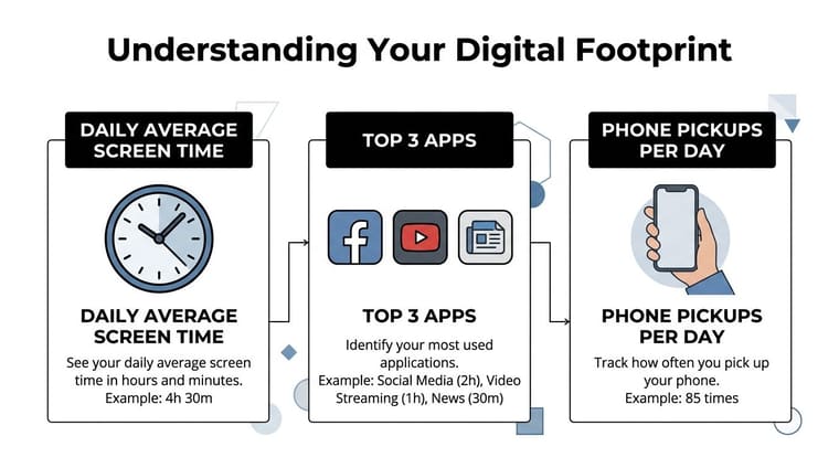 An infographic showing metrics for screen time management, including daily usage, top applications, and phone pick-up counts.