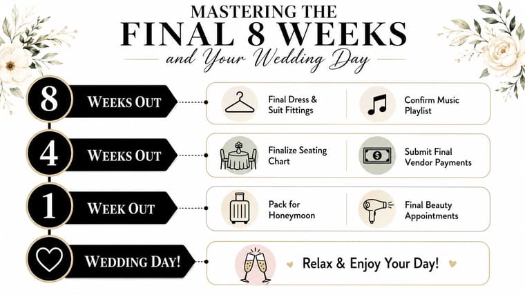 A checklist infographic titled Mastering the Final 8 Weeks of wedding planning with key tasks highlighted.
