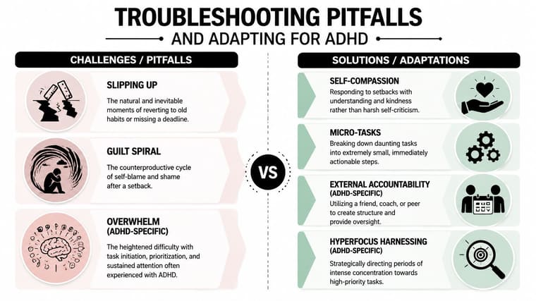 An infographic comparing ADHD challenges like slipping up and overwhelm with solutions such as self-compassion and micro-tasks.