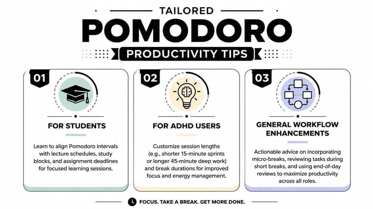 An infographic titled Tailored Pomodoro Productivity Tips offering advice for students, ADHD users, and general workflow enhancements.