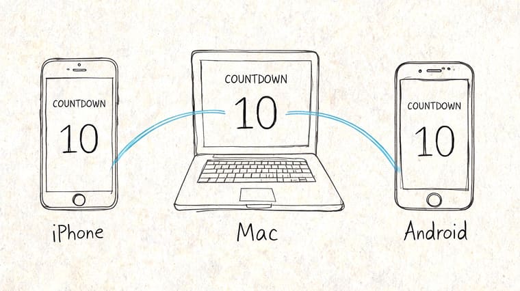 A hand-drawn illustration showing a laptop connected to an iPhone and an Android phone displaying countdown 10.
