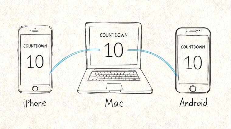 A hand-drawn illustration showing a laptop connected to an iPhone and an Android phone displaying countdown 10.