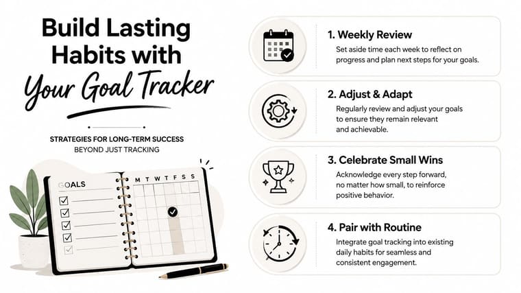 A visual guide outlining four strategies for building lasting habits using a goal tracking journal or planner.