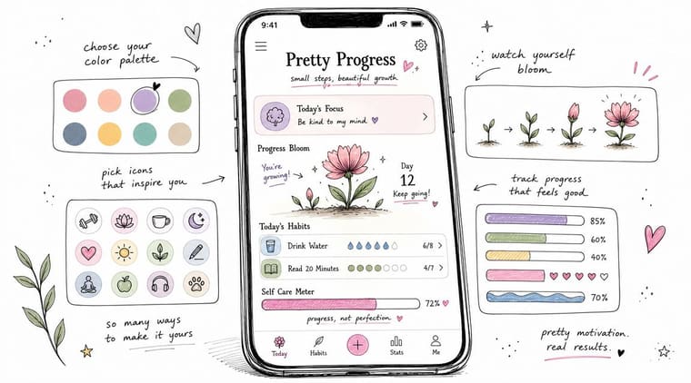 A smartphone screen displaying a habit tracking app called Pretty Progress with hand-drawn floral design elements.
