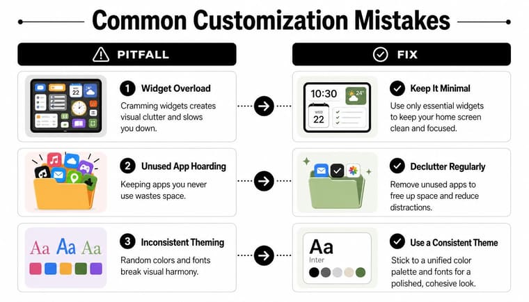 An infographic illustrating common home screen customization mistakes and how to fix them for better organization.