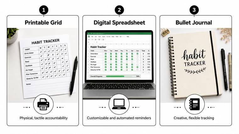A visual guide illustrating three different ways to track habits: printable grids, digital spreadsheets, and bullet journals.