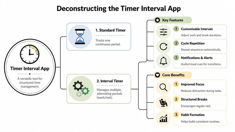 A diagram illustrating the key features and benefits of a versatile timer interval app for time management.