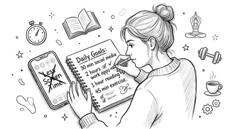 A woman writing daily goals in a notebook next to a smartphone showing less screen time.