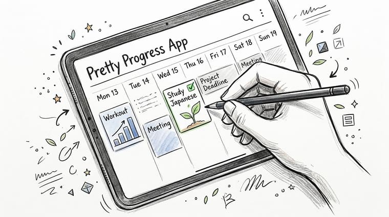 A hand uses a digital pen on a tablet screen showing a goal setting calendar application.