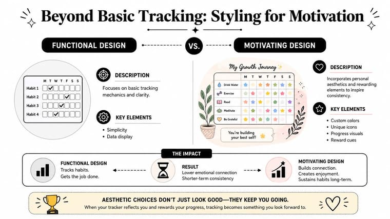 A comparison chart showing how functional habit tracking design differs from aesthetic, motivating design for better consistency.