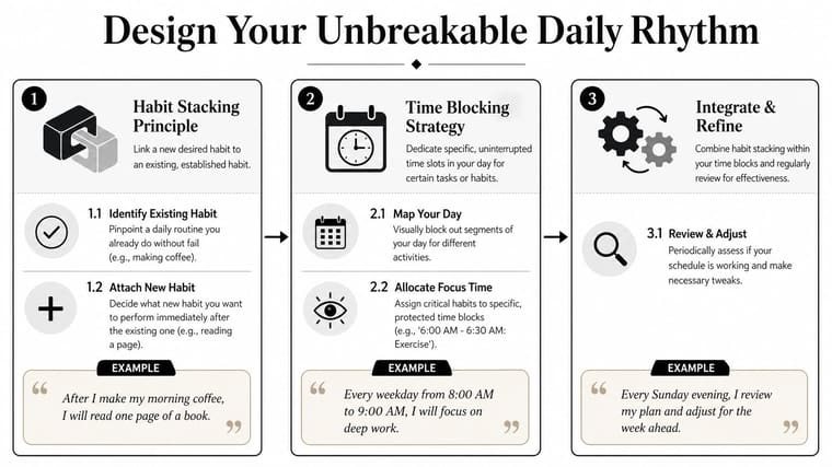 An infographic titled Design Your Unbreakable Daily Rhythm outlining three steps: Habit Stacking, Time Blocking, and Integrating.