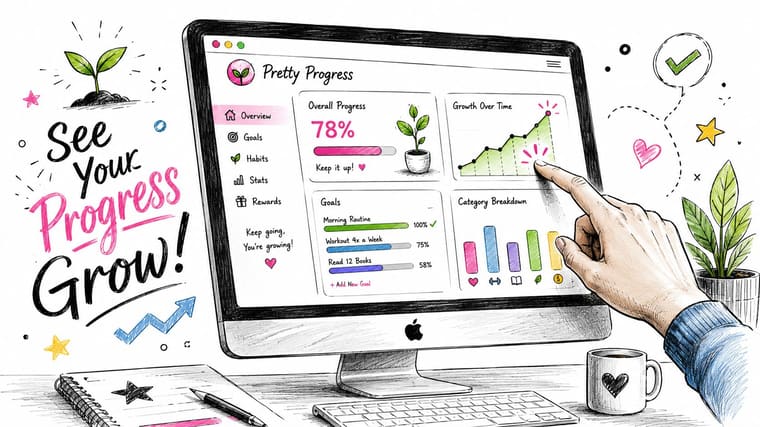 A hand touches a computer screen displaying a colorful goal setting dashboard application titled Pretty Progress.