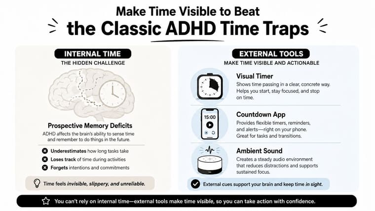 An infographic titled Make Time Visible to Beat the Classic ADHD Time Traps, illustrating time management solutions.