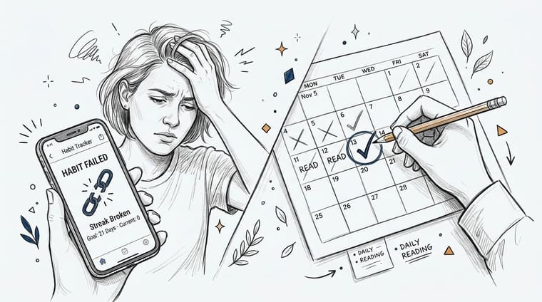 A woman looks stressed while holding a phone showing a failed habit tracker next to a calendar.