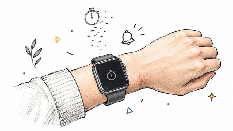 A hand wearing a digital smartwatch with a countdown timer icon displayed on the watch face.