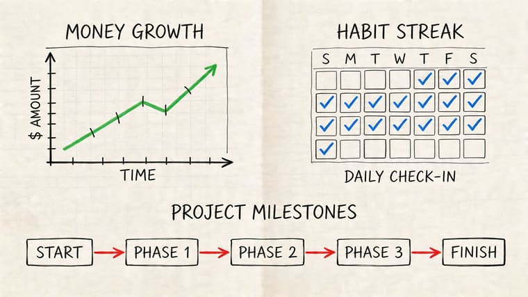 An illustration showing three methods for tracking progress: a growth chart, a weekly habit calendar, and project milestones.