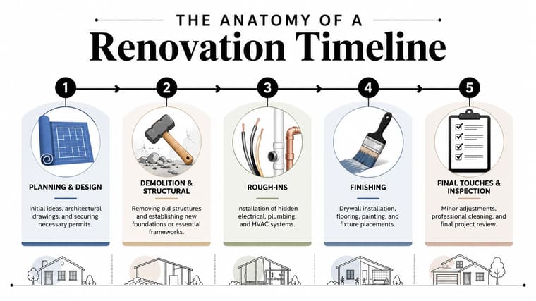 A five-step infographic showing the stages of a home renovation from planning to final inspection.
