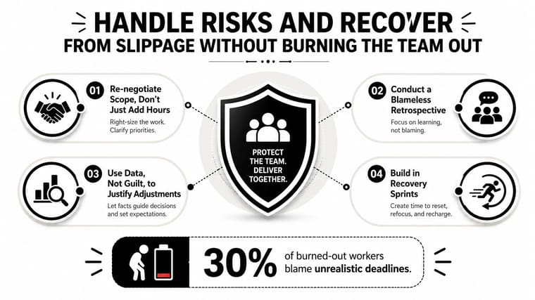 A diagram outlining strategies for managing project risks and team recovery without causing staff burnout.