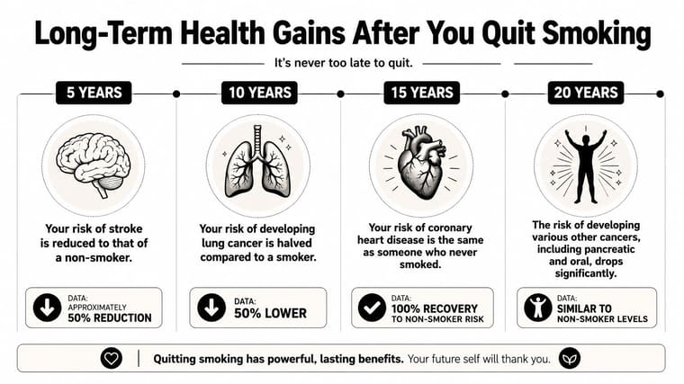 A timeline graphic showing long-term health benefits for the body after a person quits smoking.