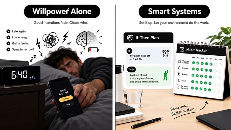 A comparison illustration showing how smart habit systems are more effective than relying on willpower alone.