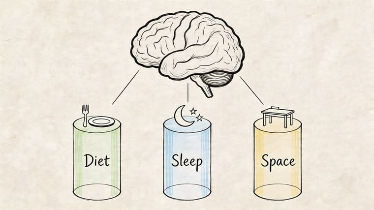 A diagram illustrating the connection between a brain, diet, sleep, and workspace environment for better health.