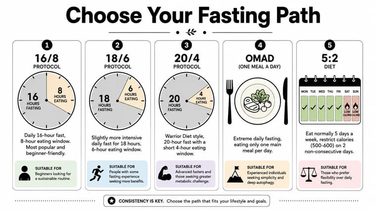 An infographic titled Choose Your Fasting Path comparing five different intermittent fasting schedules and their suitability.