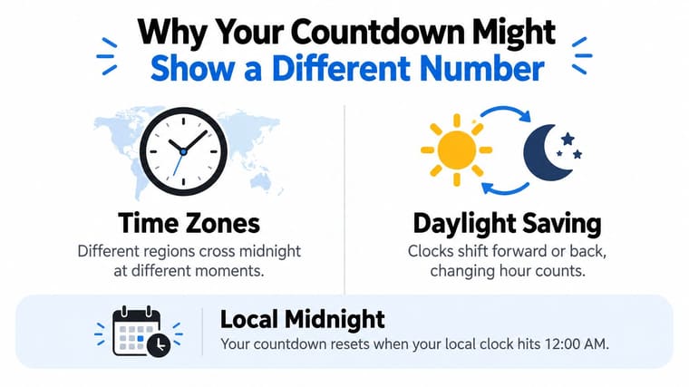 An infographic explaining how time zones and daylight saving time affect countdown timers based on local midnight.
