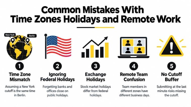 An infographic showing five common mistakes related to managing international time zones, holidays, and remote work schedules.