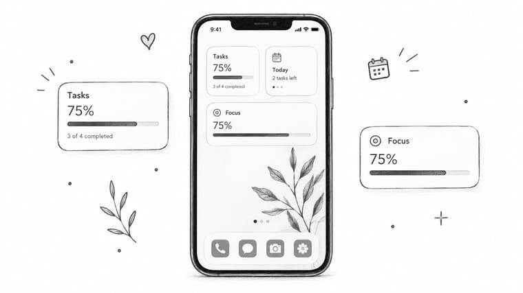 A pencil sketch of an iPhone home screen design with customizable task and focus app widgets.