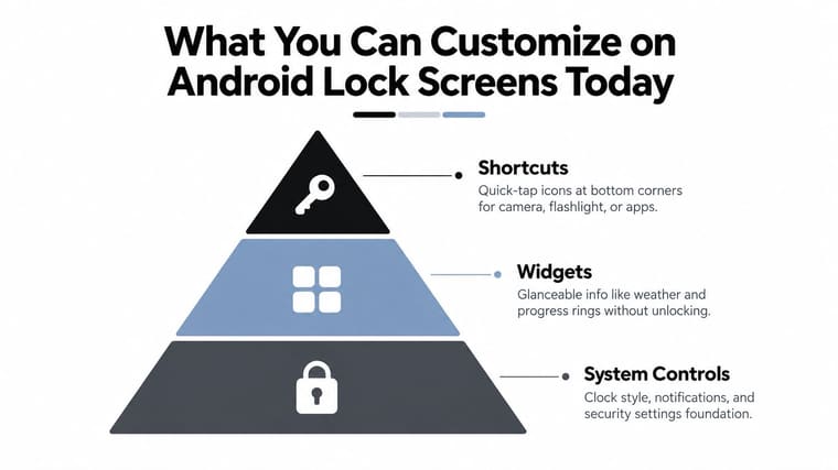 A tiered pyramid diagram illustrating three customizable features of Android lock screens: shortcuts, widgets, and system controls.