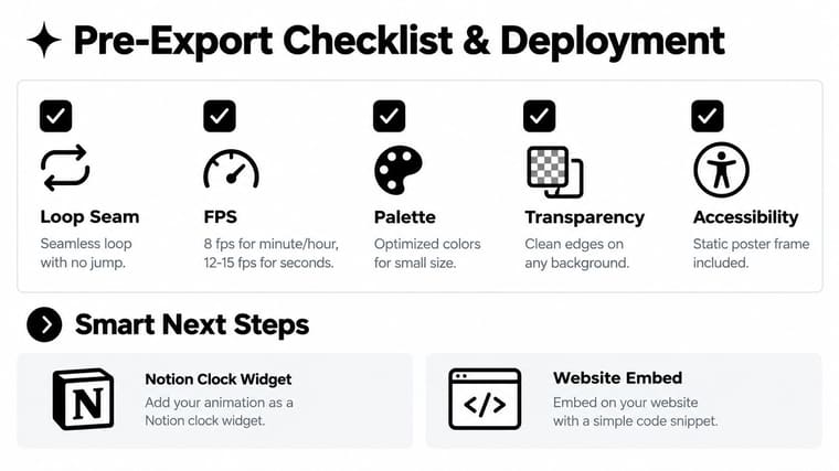 A checklist for exporting animations with steps like loop, FPS, palette, transparency, and accessibility settings.
