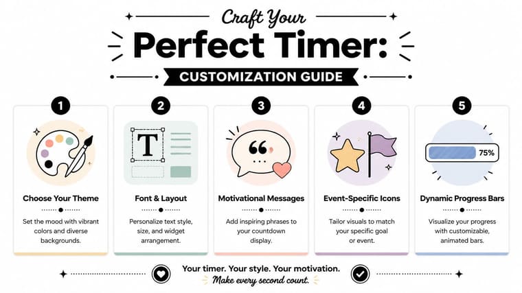 A custom timer configuration guide illustrating five steps to personalize your digital countdown and goal tracking timer.