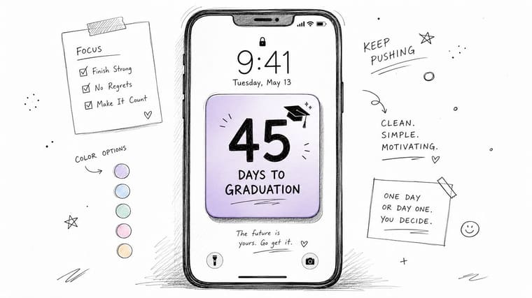 A hand-drawn illustration of a smartphone screen displaying a 45-day graduation countdown with motivational notes and stickers.