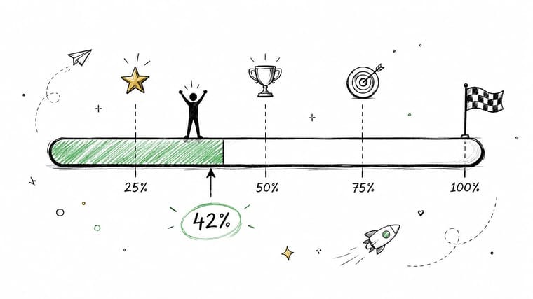 A progress bar at 42 percent completion with a stick figure standing on it reaching milestones.