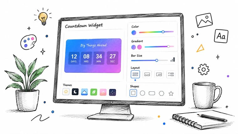 A computer monitor displaying a customizable countdown widget design interface on a stylized, hand-drawn office desk background.