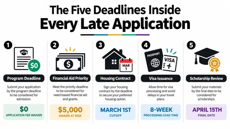 An infographic titled The Five Deadlines Inside Every Late Application listing five key steps for student applicants.