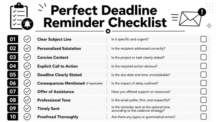 A professional checklist outlining ten essential steps for crafting an effective and polite deadline reminder email.