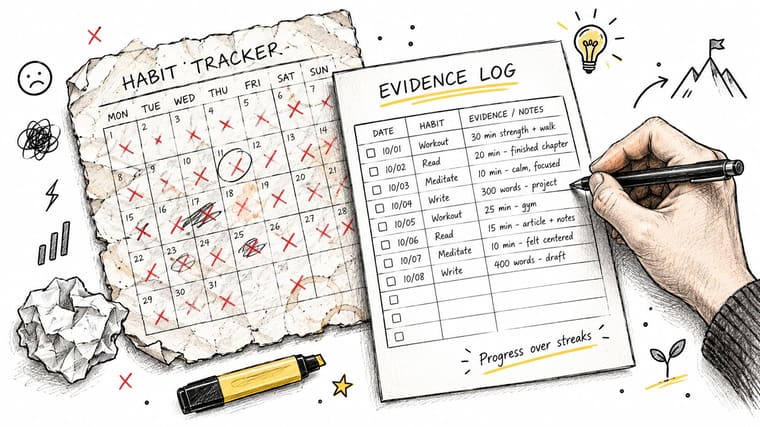 A hand drawing with a pen on a monthly habit tracker and an evidence log sheet.