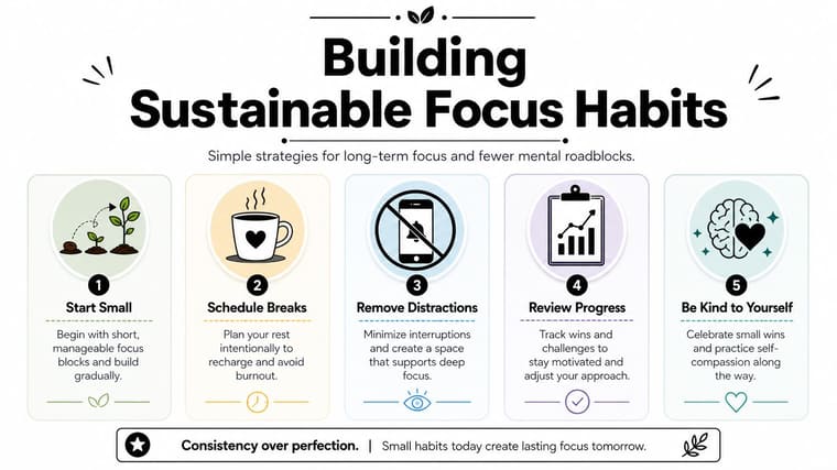 An infographic titled Building Sustainable Focus Habits showing five steps for maintaining long-term concentration and productivity.