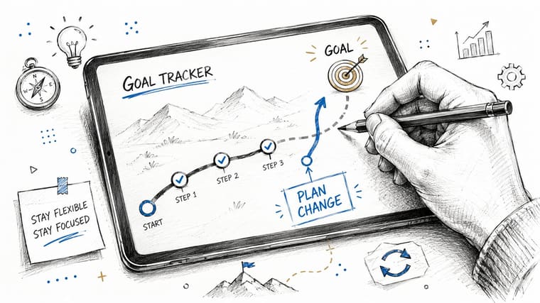 A hand drawing a goal tracker path on a digital tablet screen illustrating a business plan change.