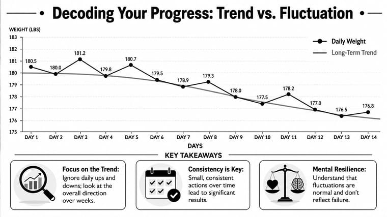 A line chart demonstrating the difference between daily weight fluctuations and a consistent long-term downward weight loss trend.