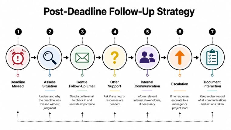 An infographic showing a seven-step post-deadline follow-up strategy with icons and brief descriptions for each phase.