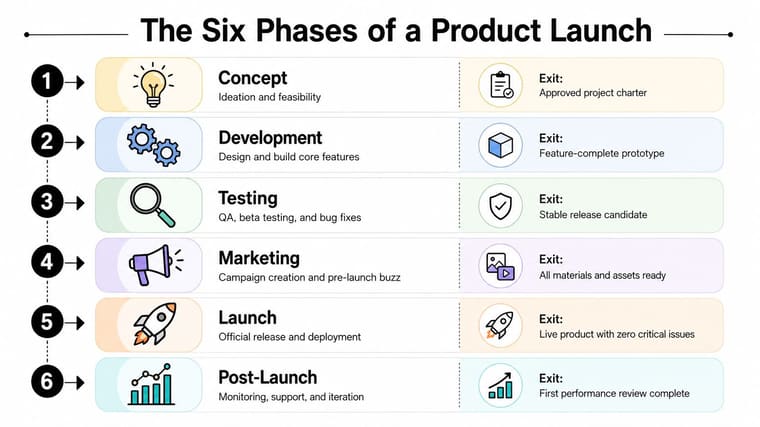 An infographic titled The Six Phases of a Product Launch detailing steps from concept to post-launch.