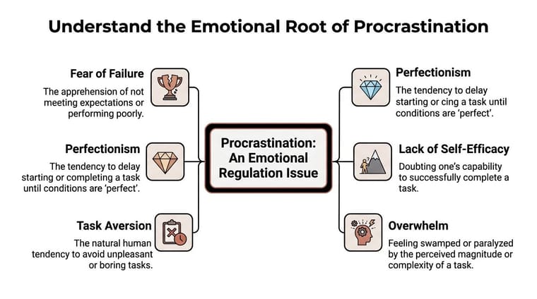 A mind map illustrating that procrastination is an emotional regulation issue caused by various psychological factors.
