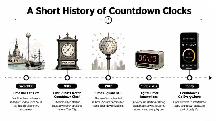 An infographic showing the evolution of countdown clocks from 1833 maritime time balls to modern smartphone apps.
