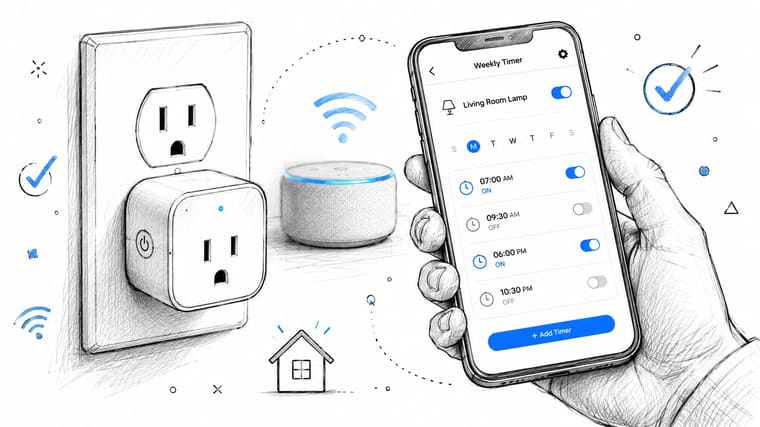 A hand holding a smartphone showing a weekly timer app controlling a smart plug and speaker.