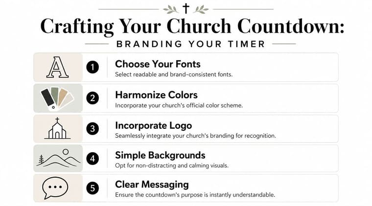 An infographic titled Crafting Your Church Countdown offering five branding tips for church timer videos.
