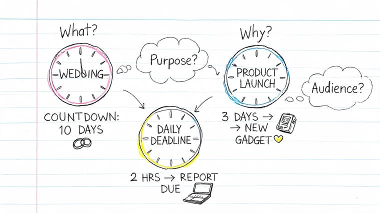 A hand-drawn sketch illustration showing clocks with labels for wedding countdowns, product launches, and daily work deadlines.
