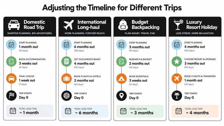 A travel infographic titled Adjusting the Timeline for Different Trips showing planning schedules for four trip types.