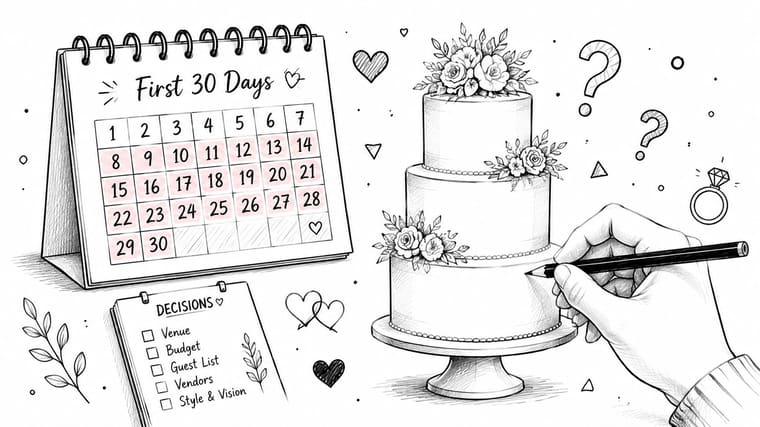 A hand-drawn sketch featuring a wedding planning calendar, a tiered cake, and a wedding decision checklist.